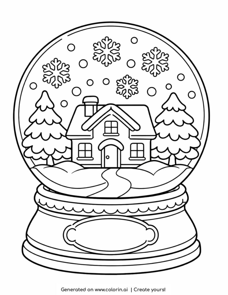 house in snow globe coloring page with snowy trees and falling snowflakes