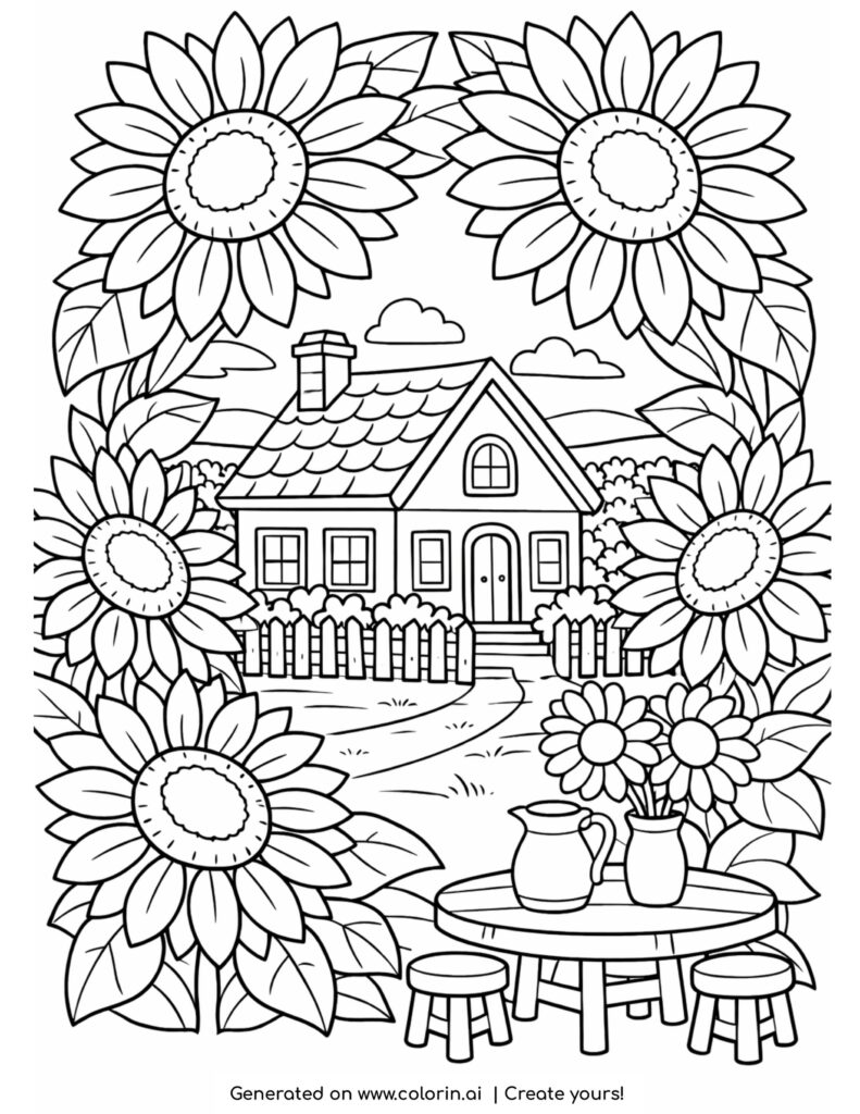 house in sunflower field garden coloring page with cozy home and large flowers