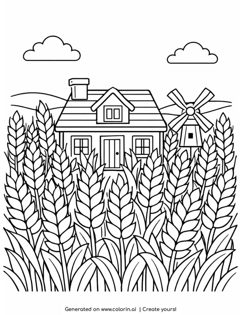 house in wheat field with windmill coloring page with cozy home and tall crops