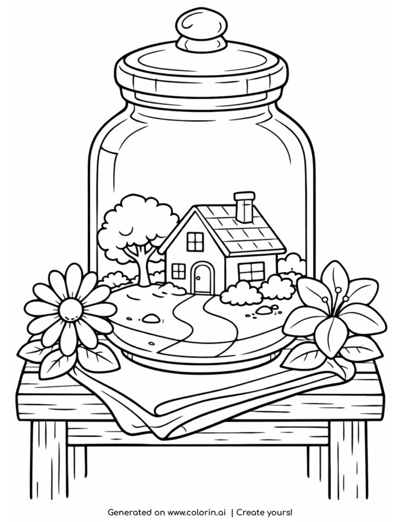 house inside a glass jar coloring page with small cottage and flowers on table