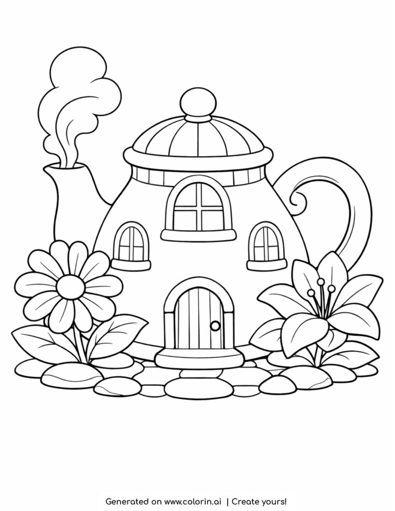 house inside a teapot with steam coloring page with flowers and stone ground
