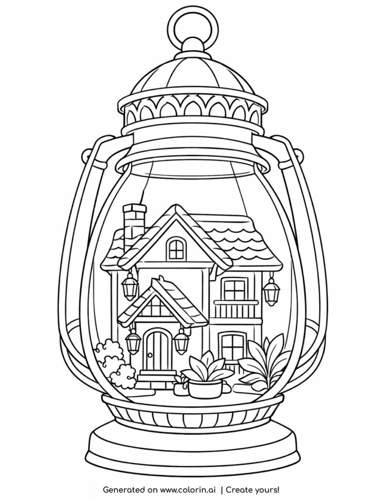 house inside an antique lantern coloring page with cozy home and plants inside glass