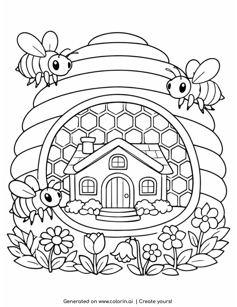 house inside beehive with bees coloring page with honeycomb walls and flowers coloring page