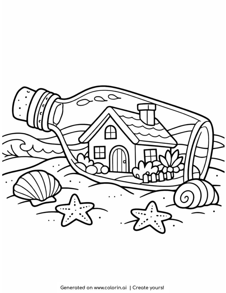house inside bottle on beach coloring page with seashells starfish and ocean waves