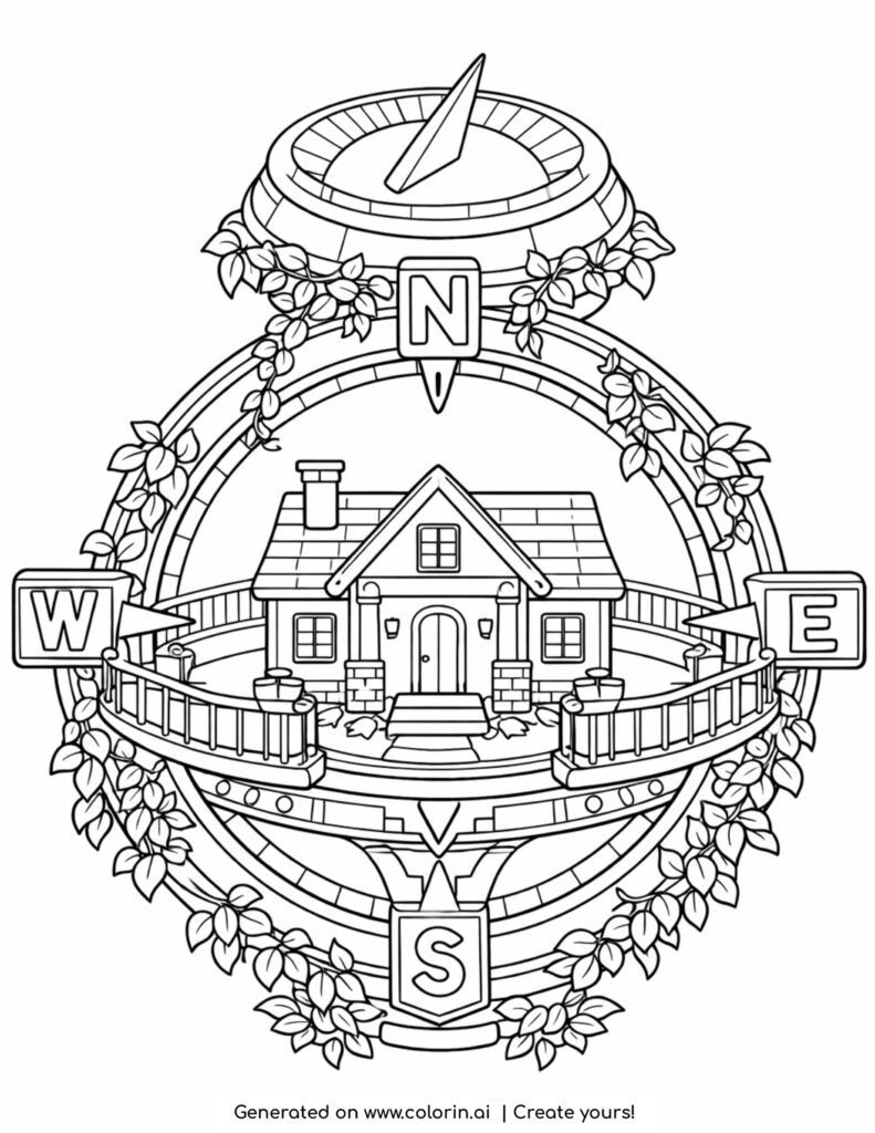 house inside compass with balcony coloring page detailed home in ornate compass design coloring page