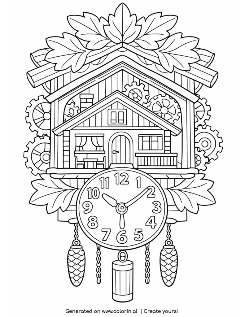 house inside cuckoo clock coloring page with gears and decorative leaves