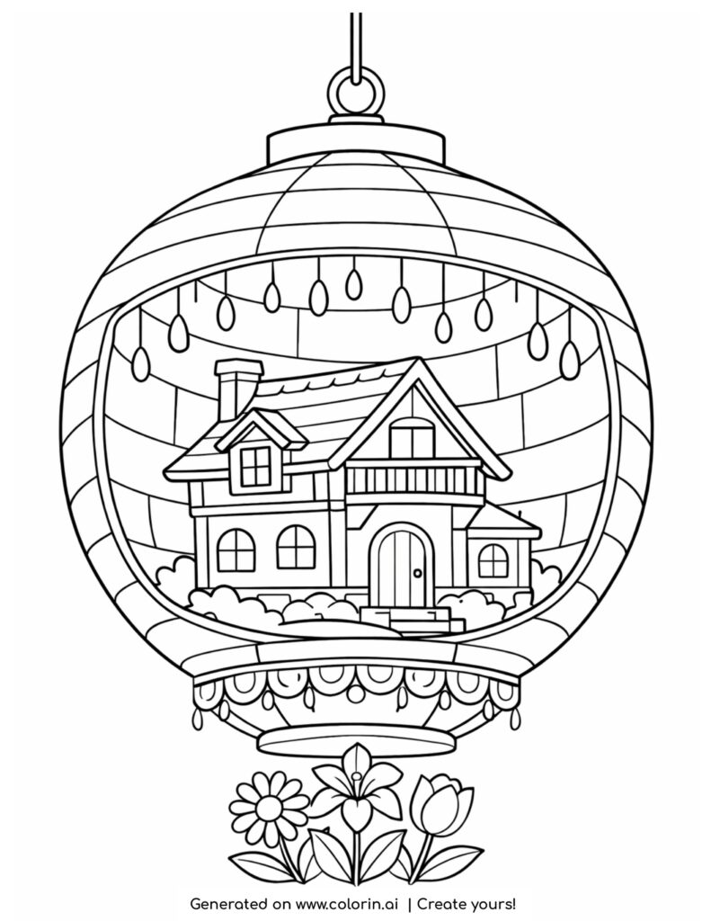 house inside hanging paper lantern coloring page with cozy home and lights coloring page