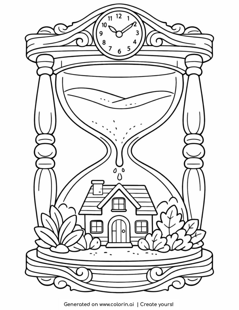 house inside hourglass with falling sand coloring page with small home and plants inside