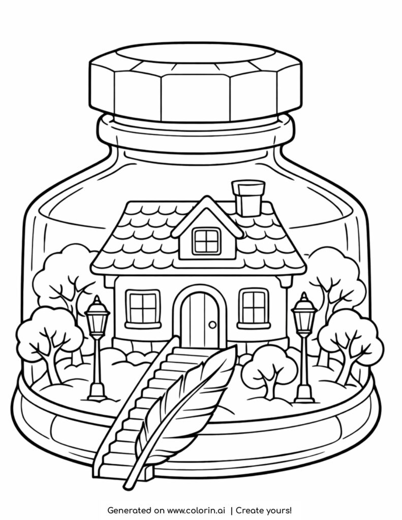 house inside ink bottle coloring page with trees and feather path