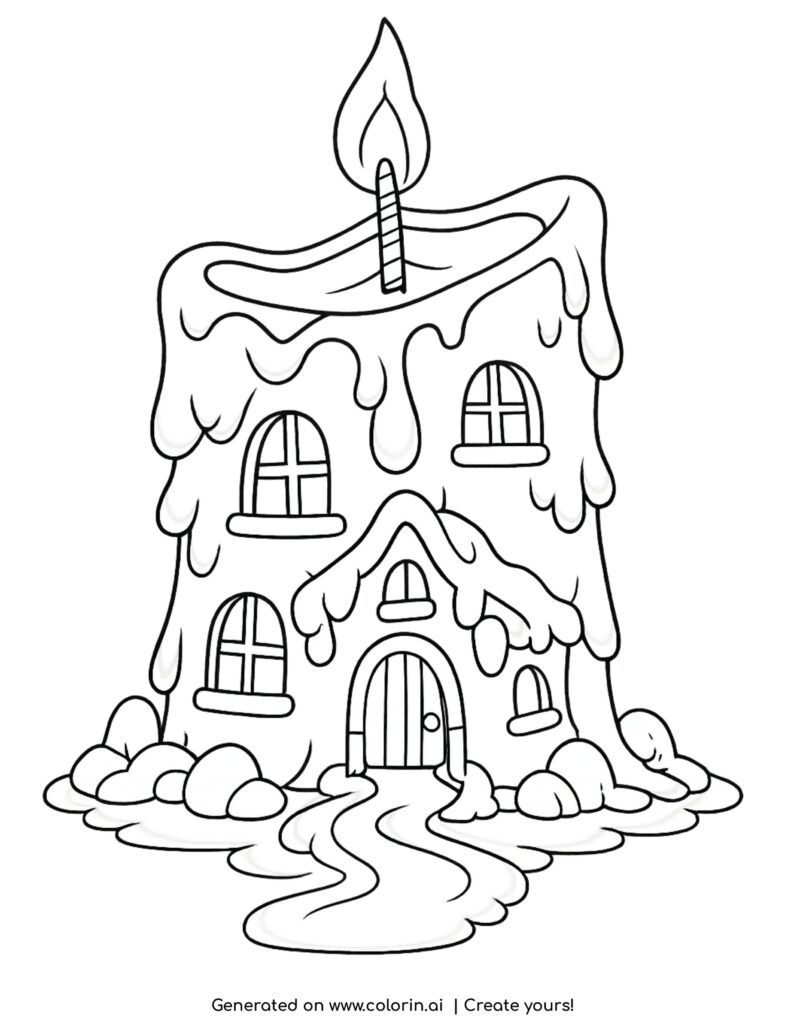 house inside melting candle coloring page with dripping wax and flame on top