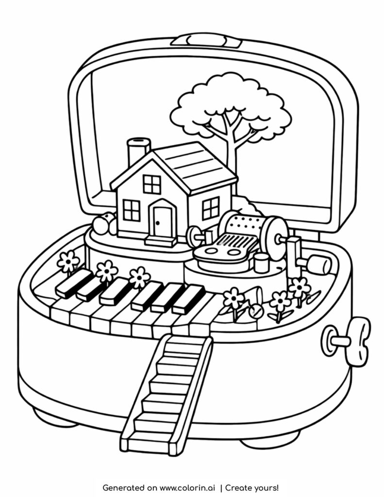 house inside music box coloring page with piano keys and small tree coloring page
