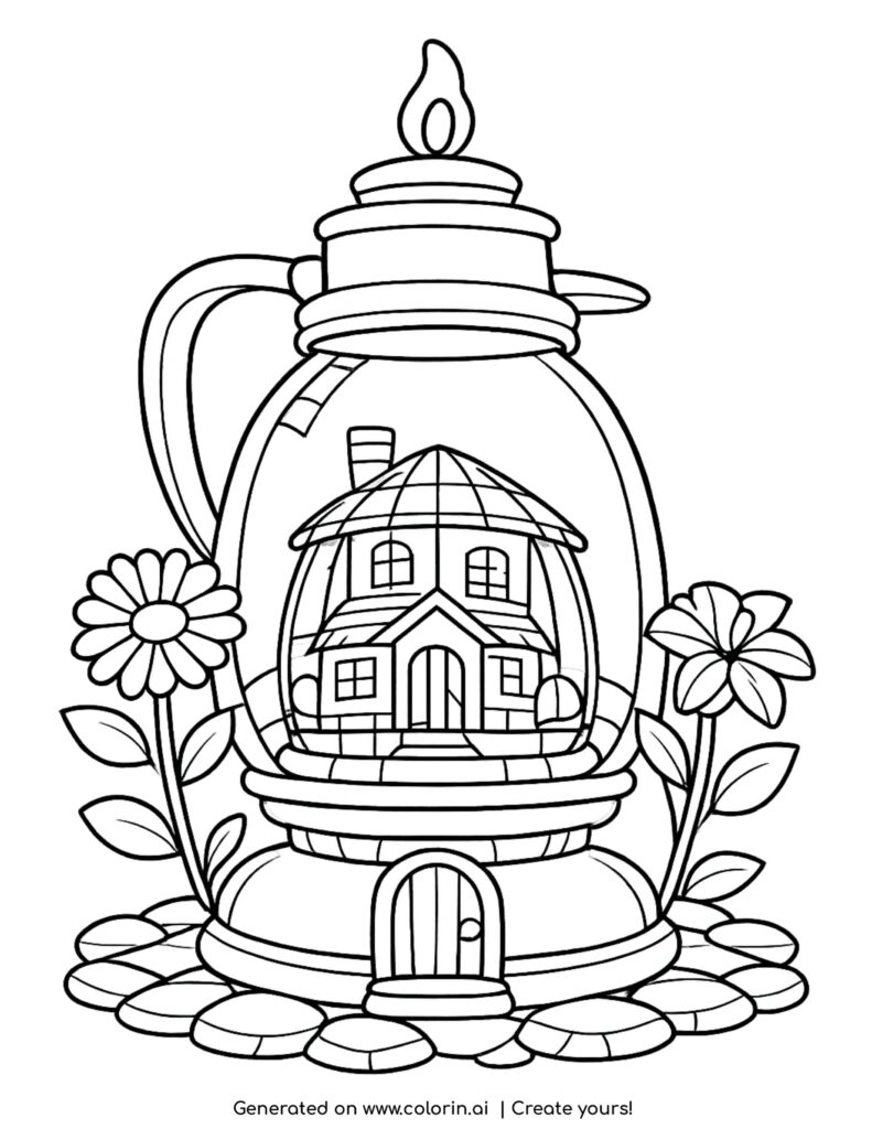 house inside oil lamp coloring page with cozy home and flowers coloring page