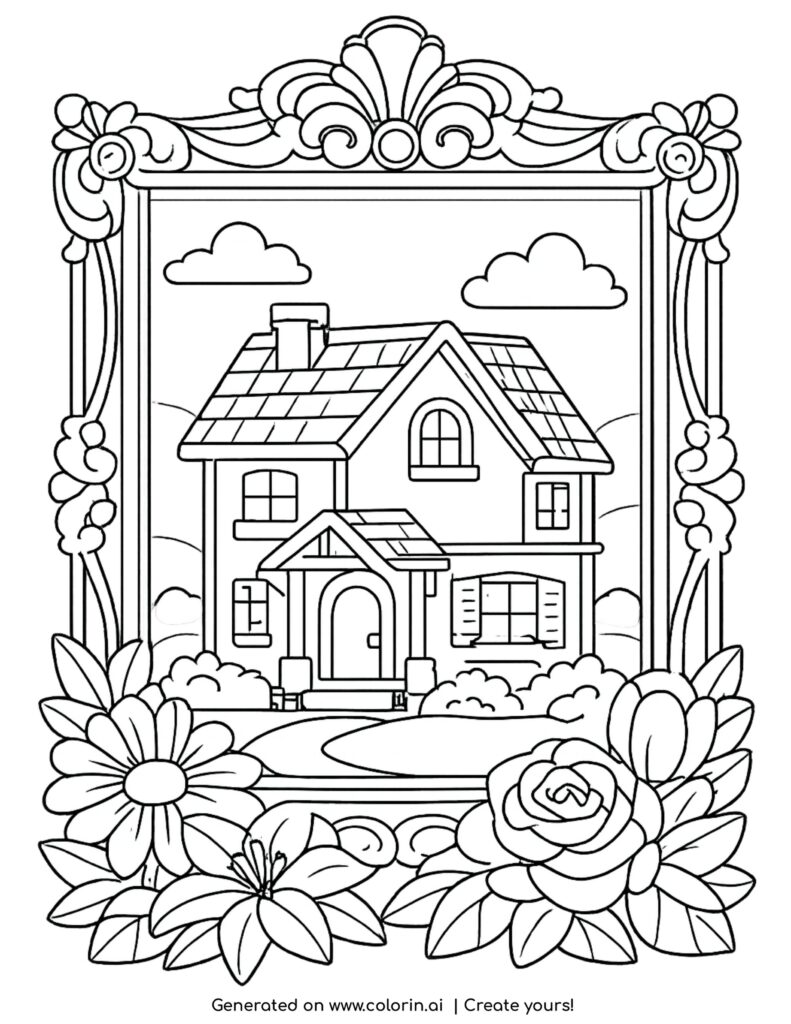 house inside ornate picture frame coloring page with flowers and decorative border