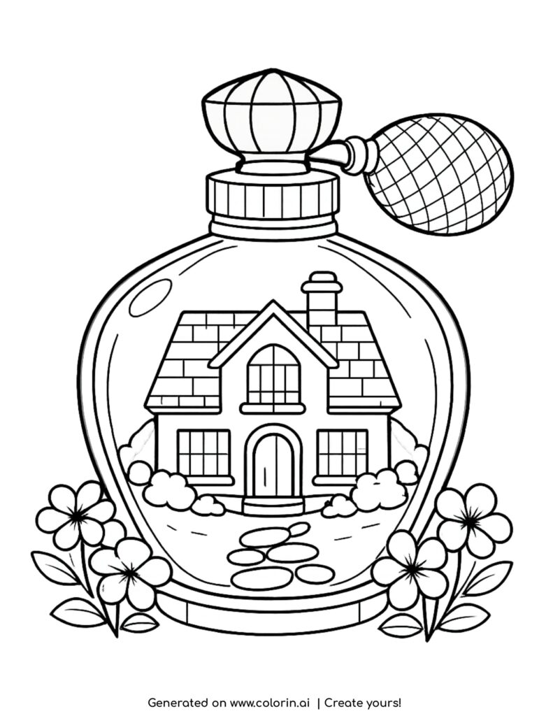 house inside perfume bottle coloring page with flowers and glass bottle