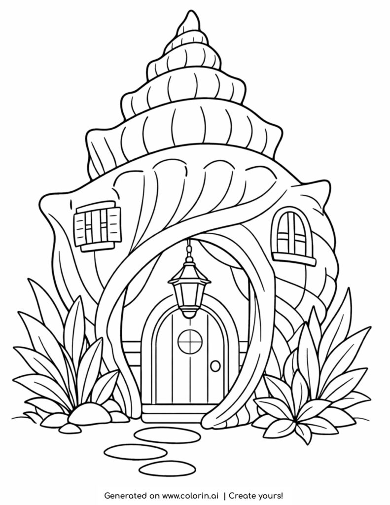 house inside seashell with lantern coloring page featuring a shell home with plants and hanging light