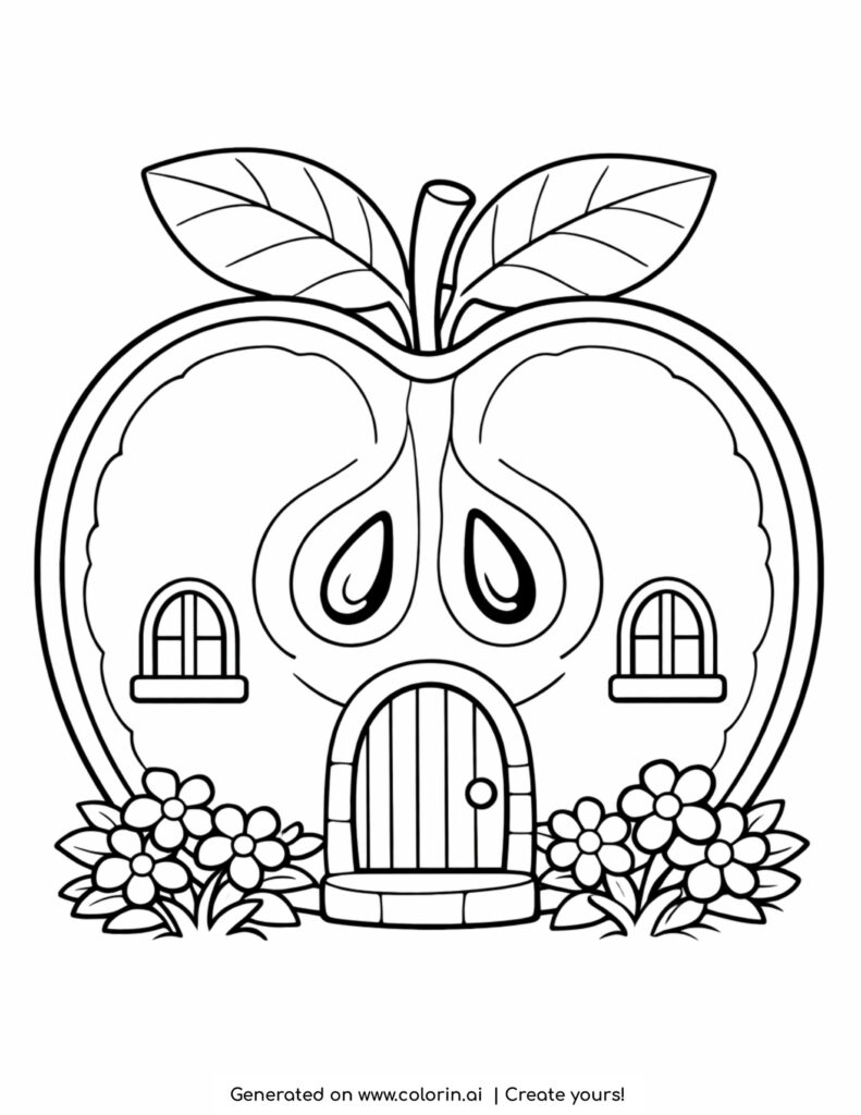 house inside sliced apple coloring page with seeds and leaves