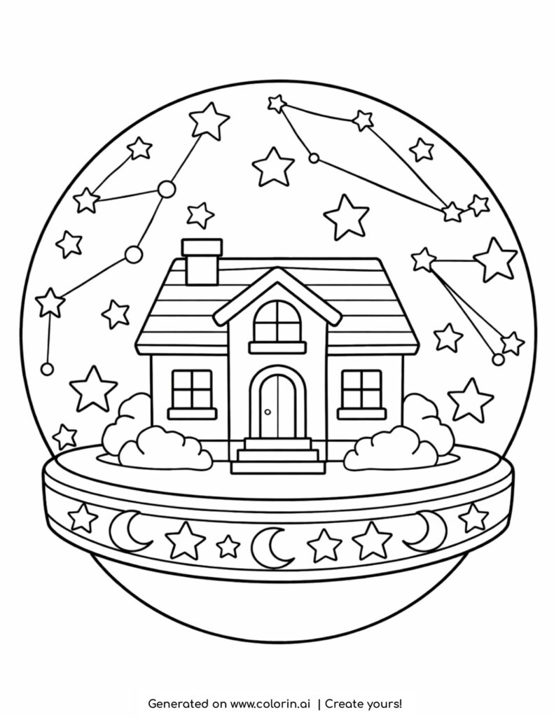 house inside starry sphere coloring page with constellations and stars