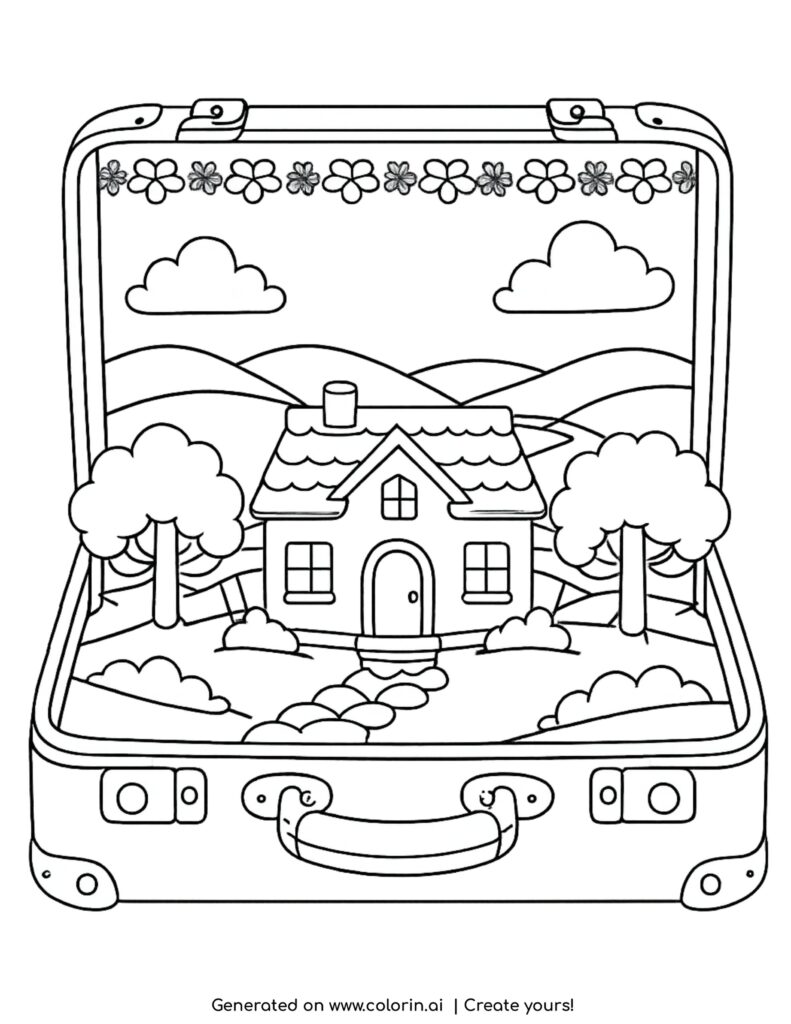 house inside suitcase landscape coloring page with small home hills and trees