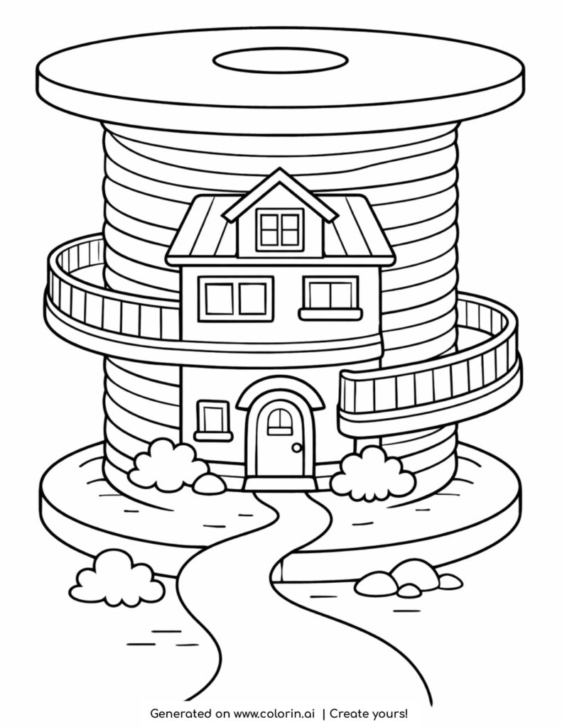 house inside thread spool coloring page with spiral terraces and path
