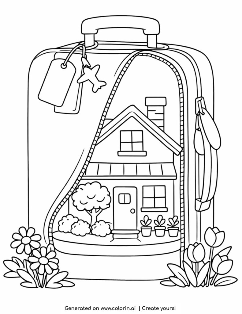 house inside travel suitcase coloring page with flowers and small garden