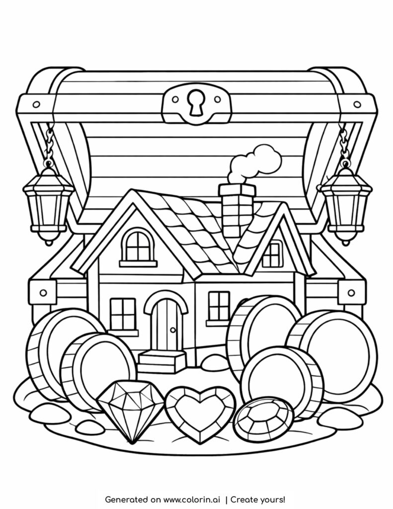 house inside treasure chest coloring page with coins and gems around