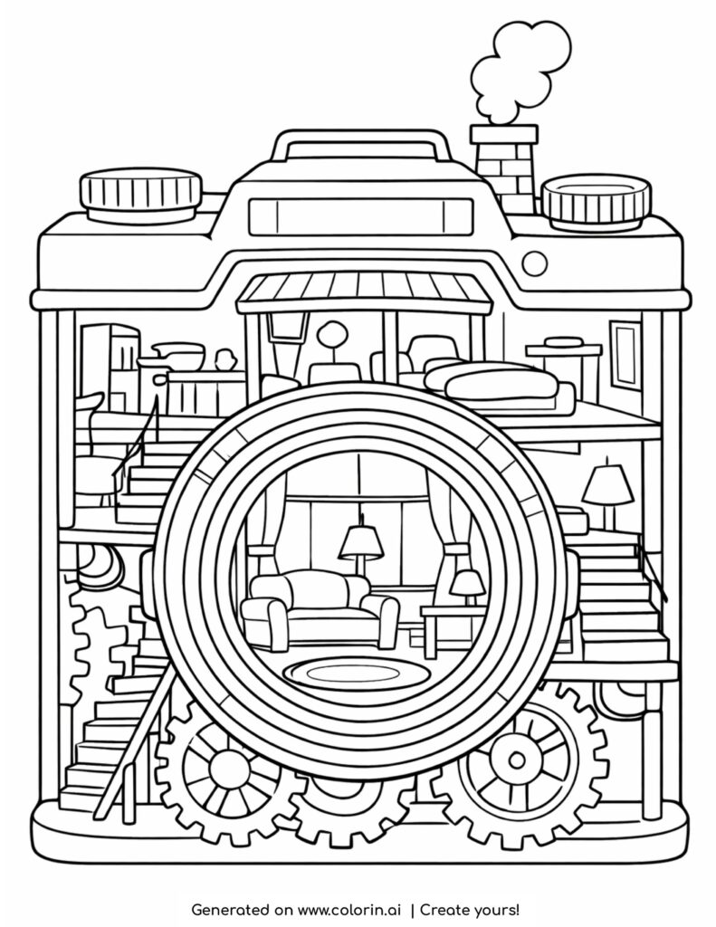 house inside vintage camera coloring page with lens and interior rooms