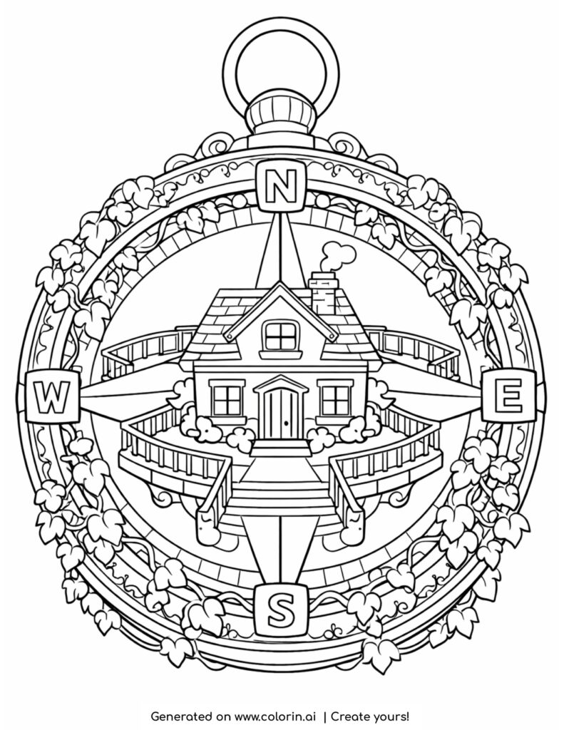 house inside vintage compass coloring page with cardinal directions and ornate frame coloring page