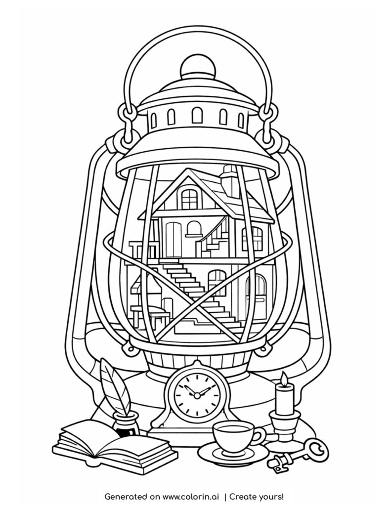 house inside vintage lantern coloring page with stairs and cozy interior details