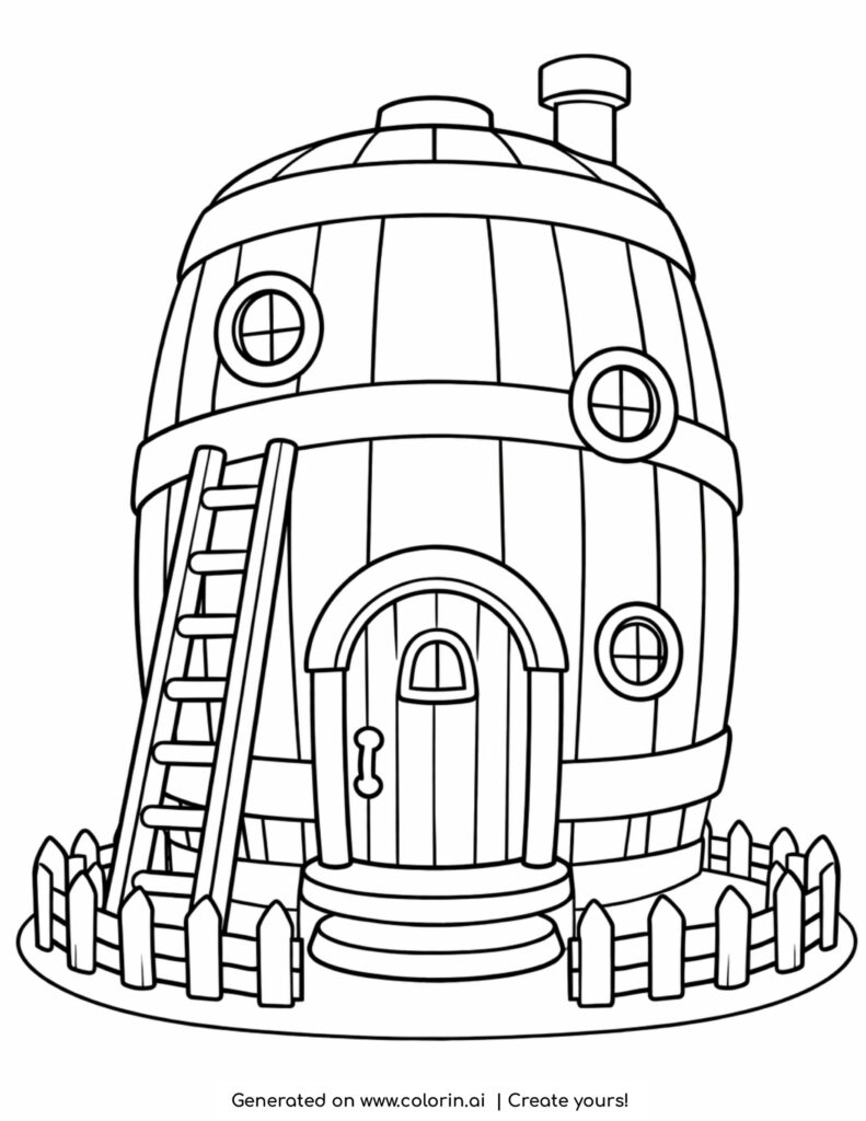 house inside wooden barrel coloring page with ladder and small fence