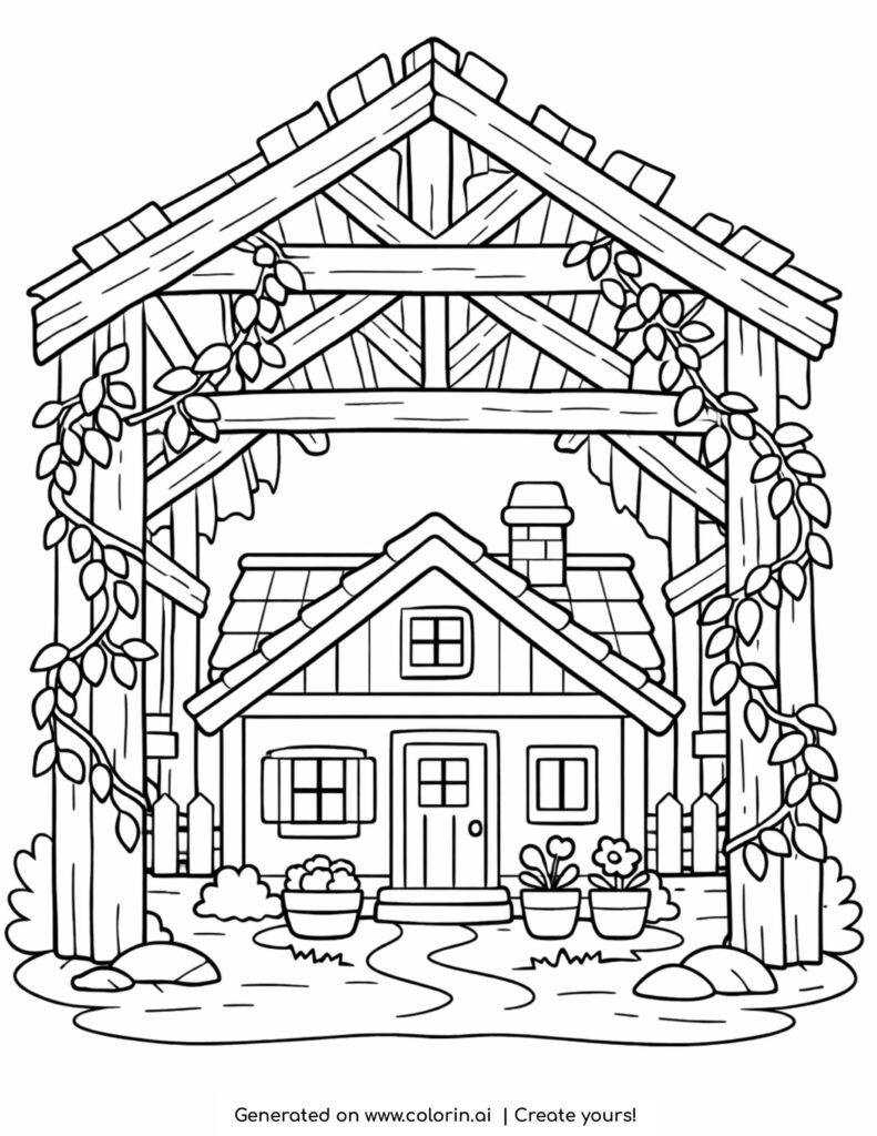 house inside wooden frame cabin coloring page with rustic beams and small cozy home