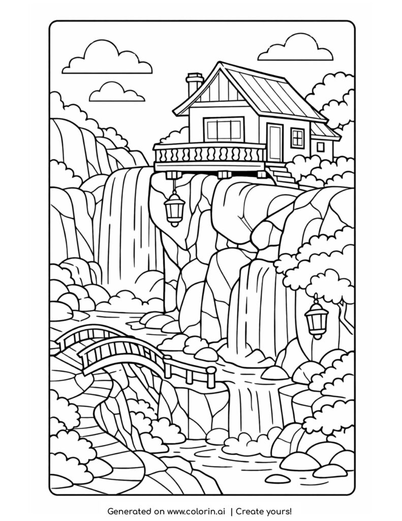 house on cliff with waterfall coloring page featuring a cozy home above cascading falls