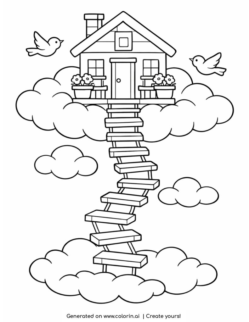 house on clouds with wooden stairs coloring page with birds and floating steps