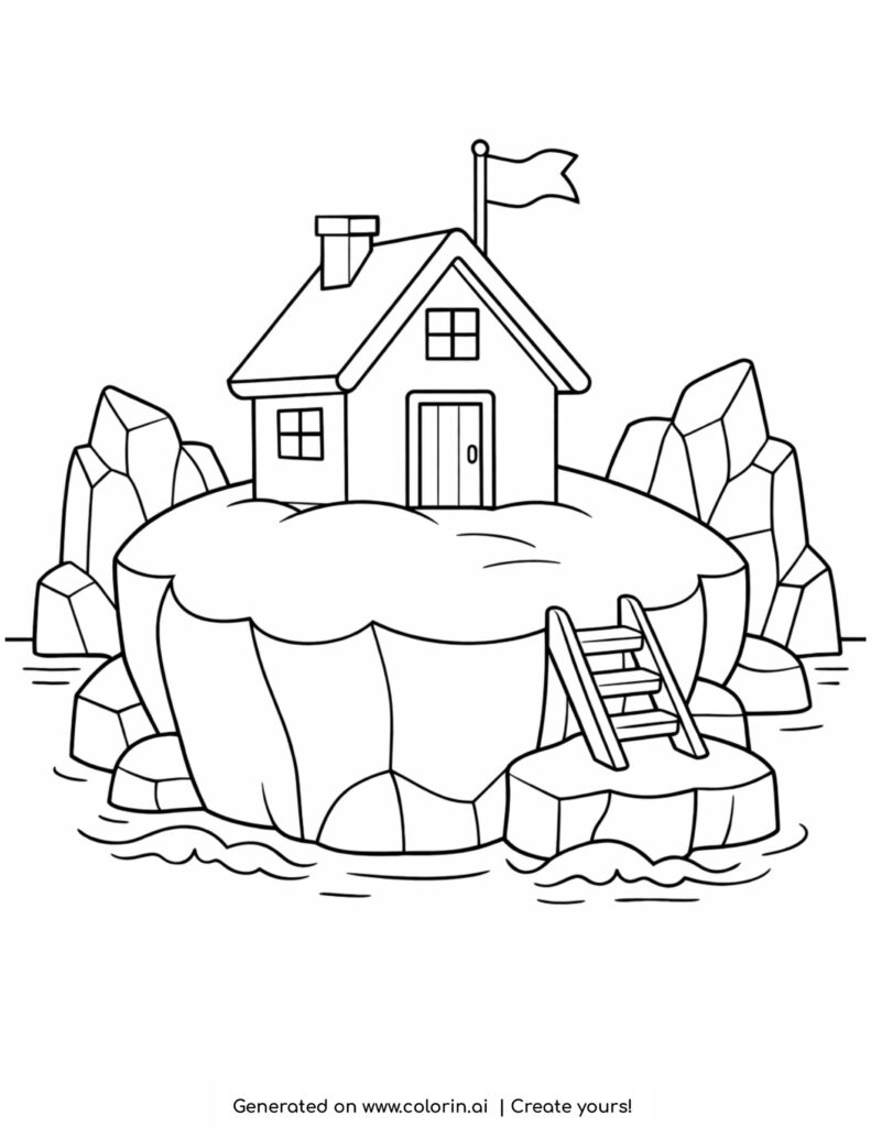 house on floating iceberg in ocean coloring page with ladder and small waves