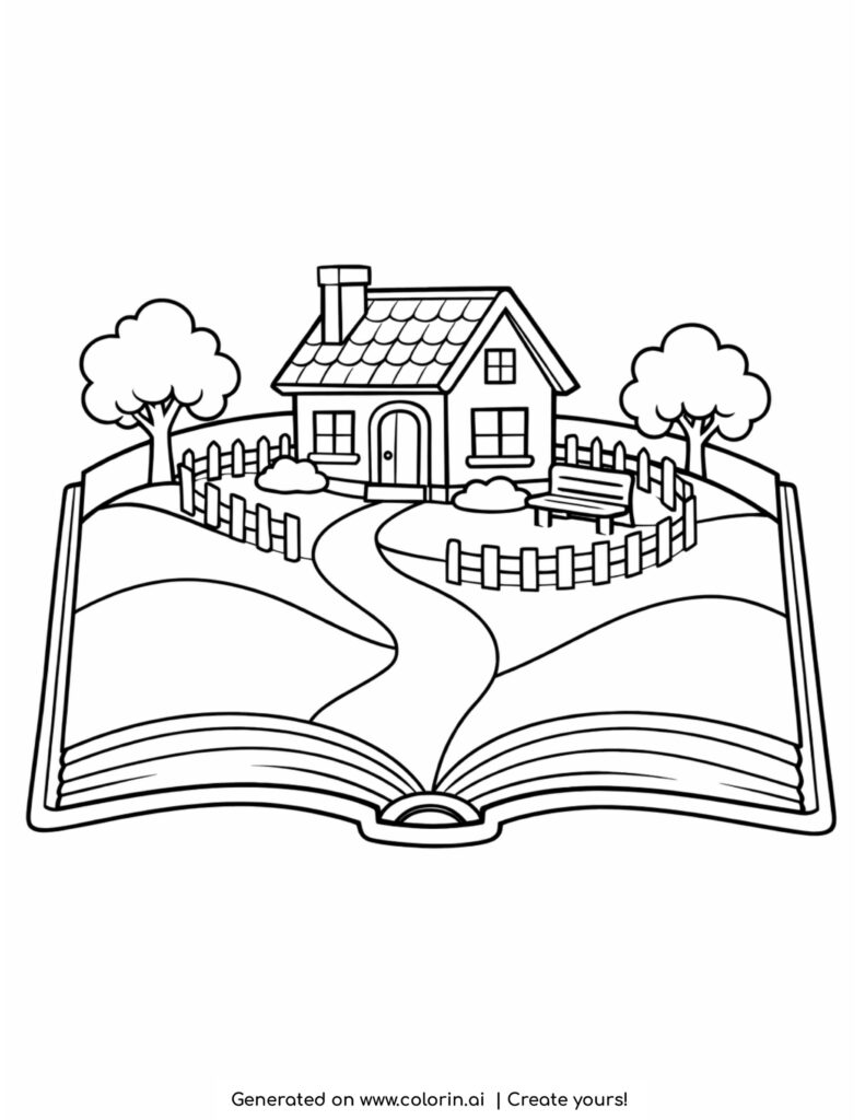 house on open book landscape coloring page with a small home, trees, and winding path