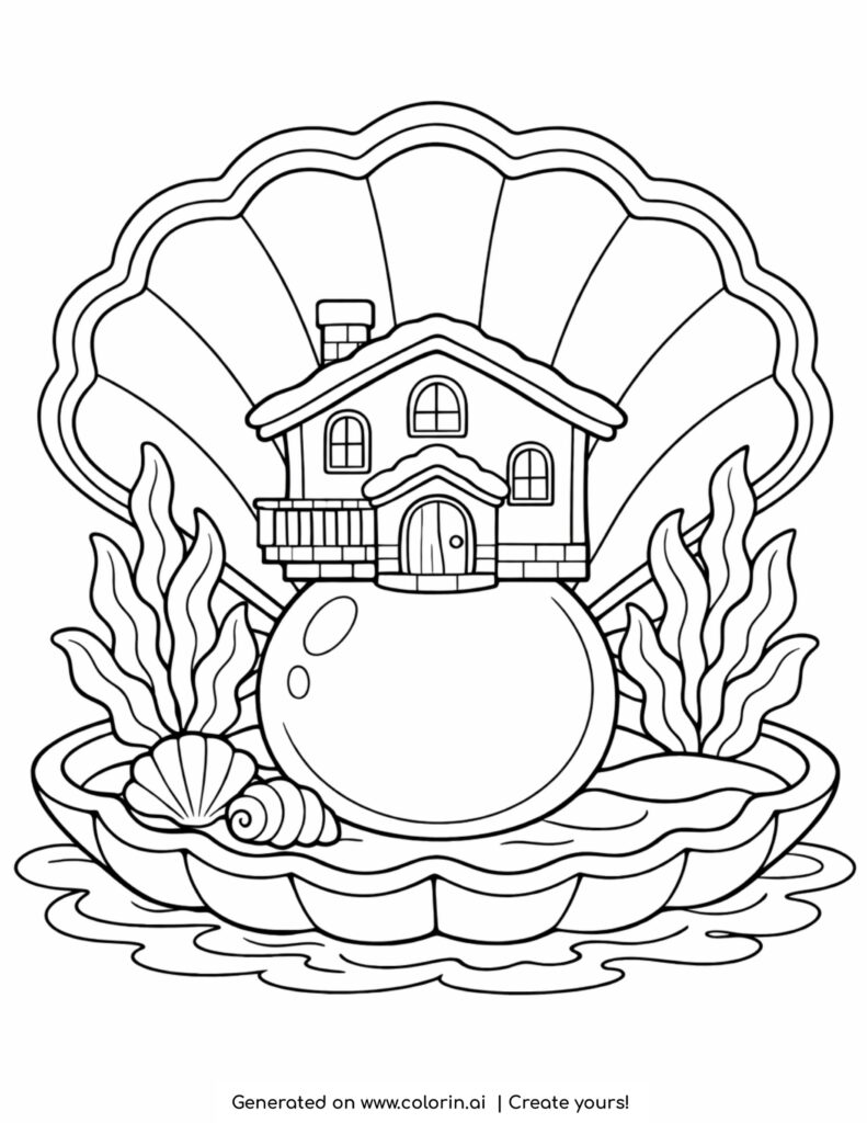 house on pearl inside shell coloring page with sea plants and open oyster coloring page