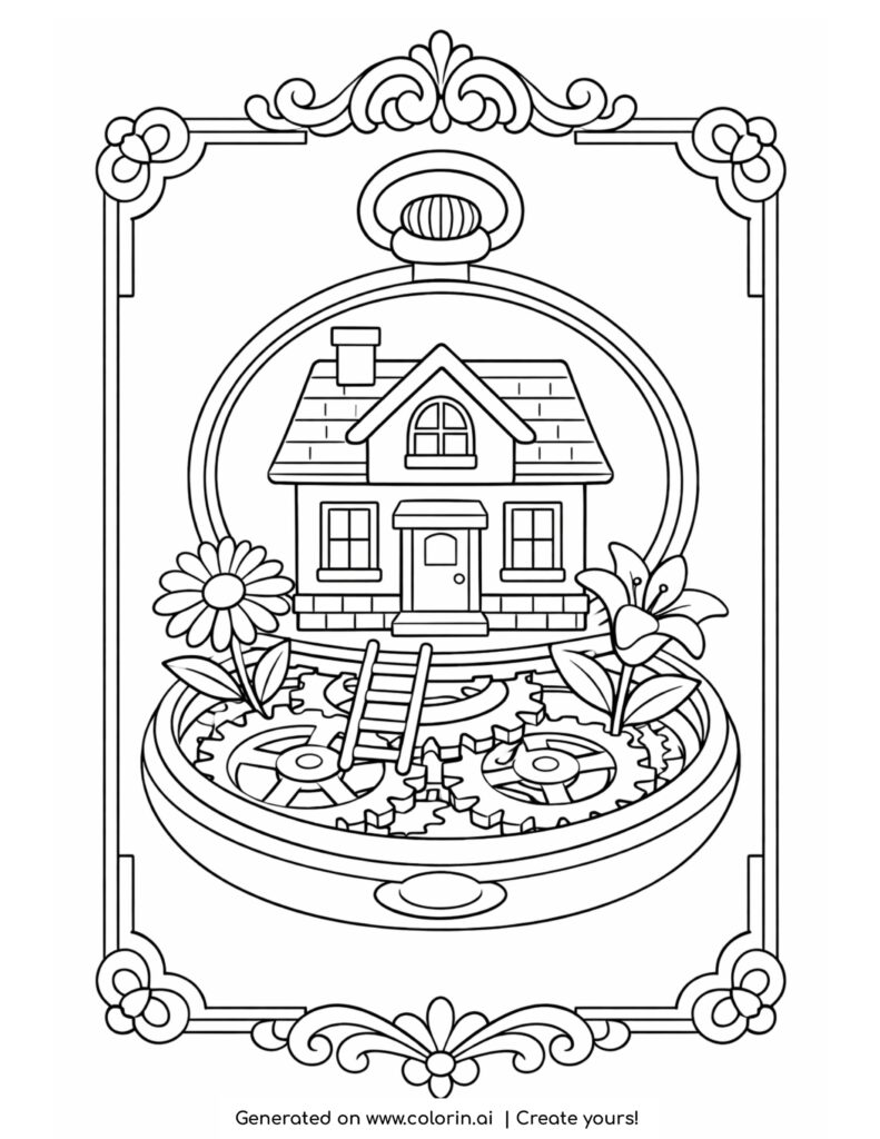 house on pocket watch gears coloring page with flowers and decorative vintage frame