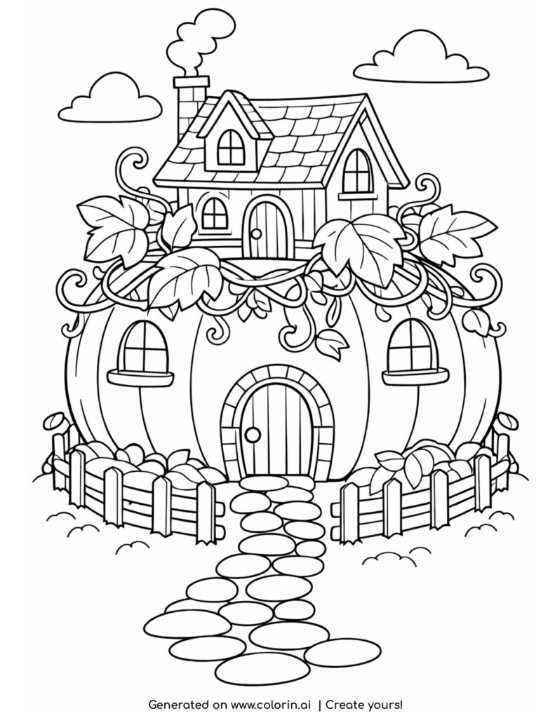 house on pumpkin with vines coloring page with cozy home and curling leaves