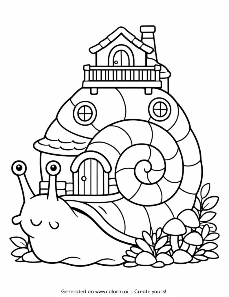 house on snail shell garden coloring page with cute snail and spiral house