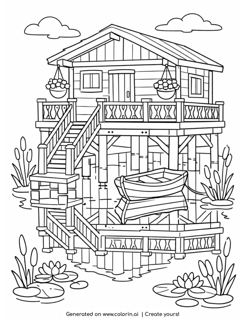 house on stilts over water coloring page with wooden cabin and small boat