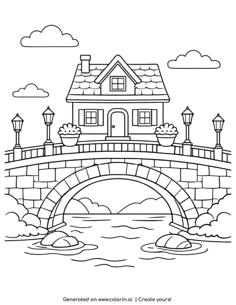 house on stone bridge over river coloring page cozy home above arched bridge with water scene coloring page