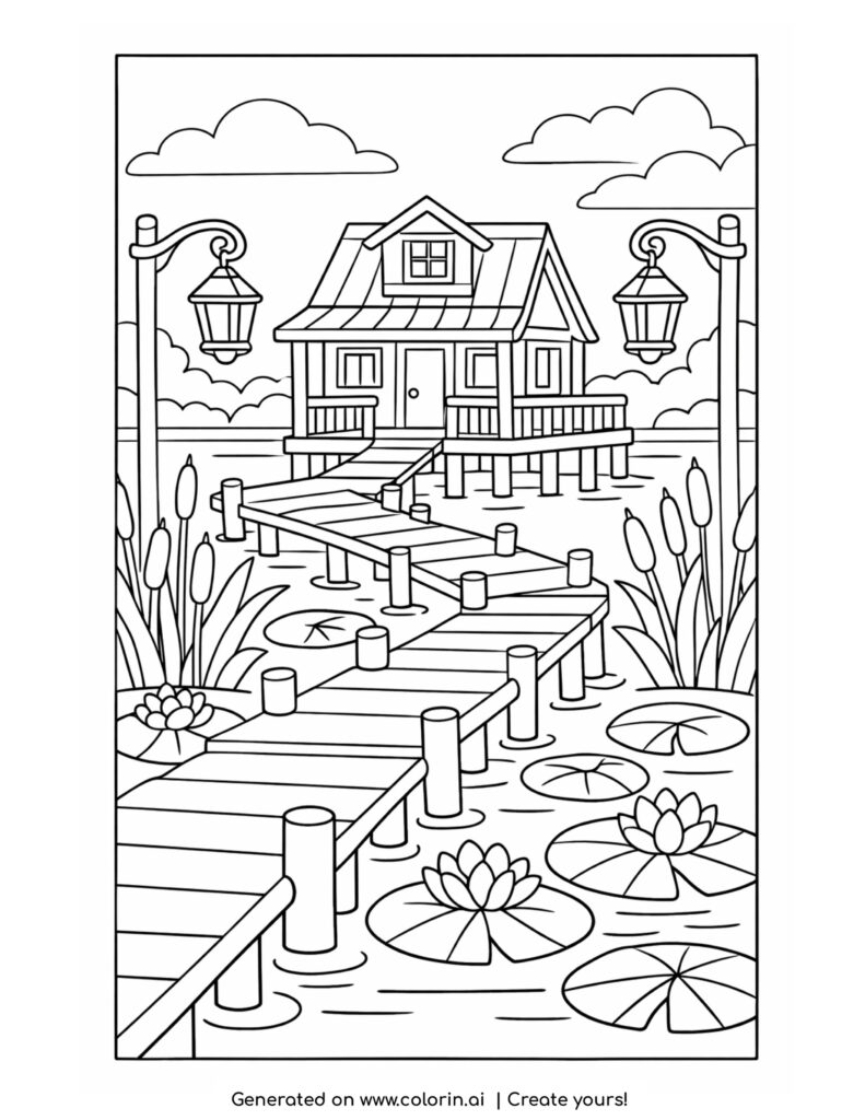 house on swamp boardwalk with lanterns coloring page with lily pads and wooden path