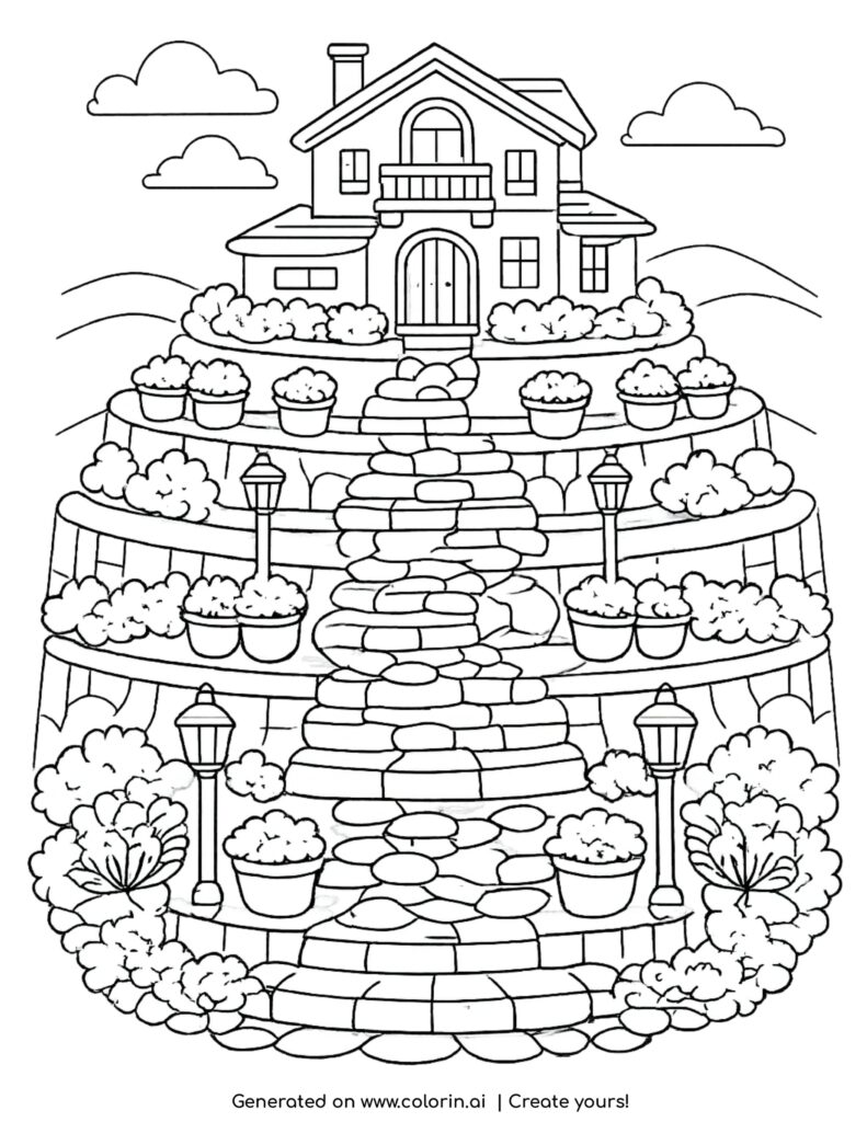 house on terraced hill stairs coloring page with stone steps and garden pots