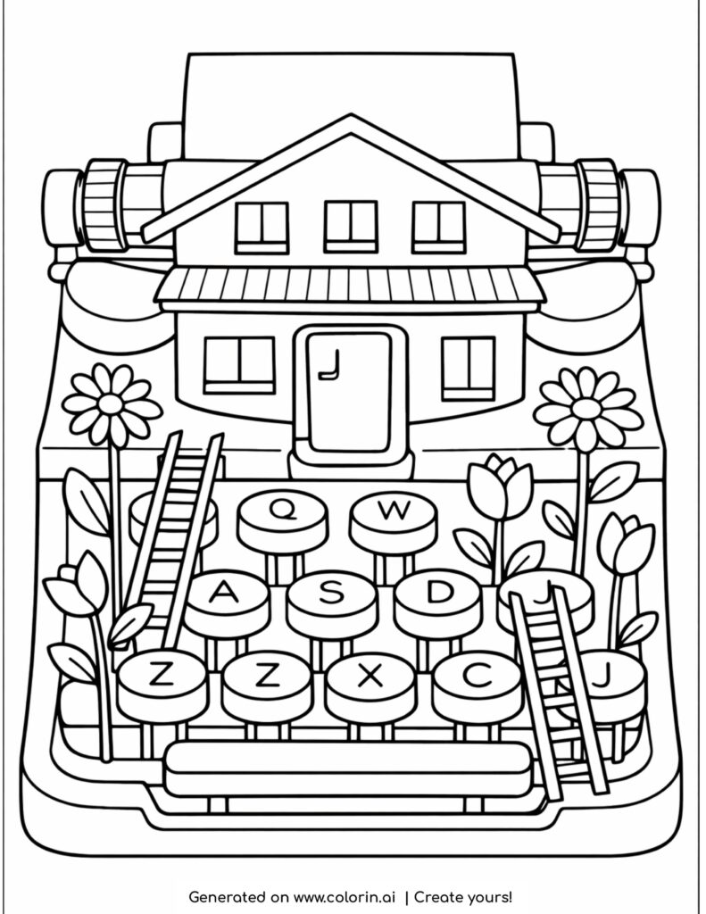 house on typewriter keys coloring page with flowers and ladders