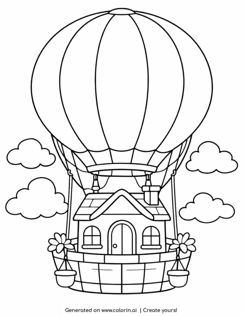 house under hot air balloon coloring page with small home in basket and clouds around