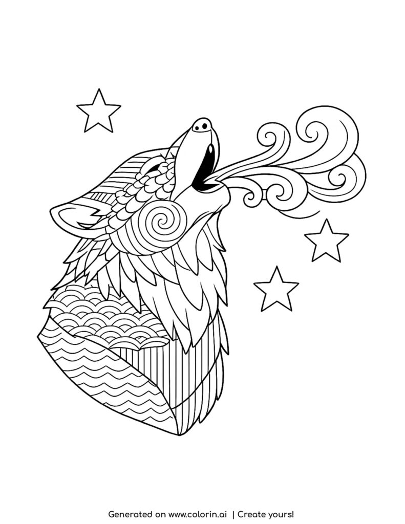 howling wolf with swirling wind patterns and stars coloring page