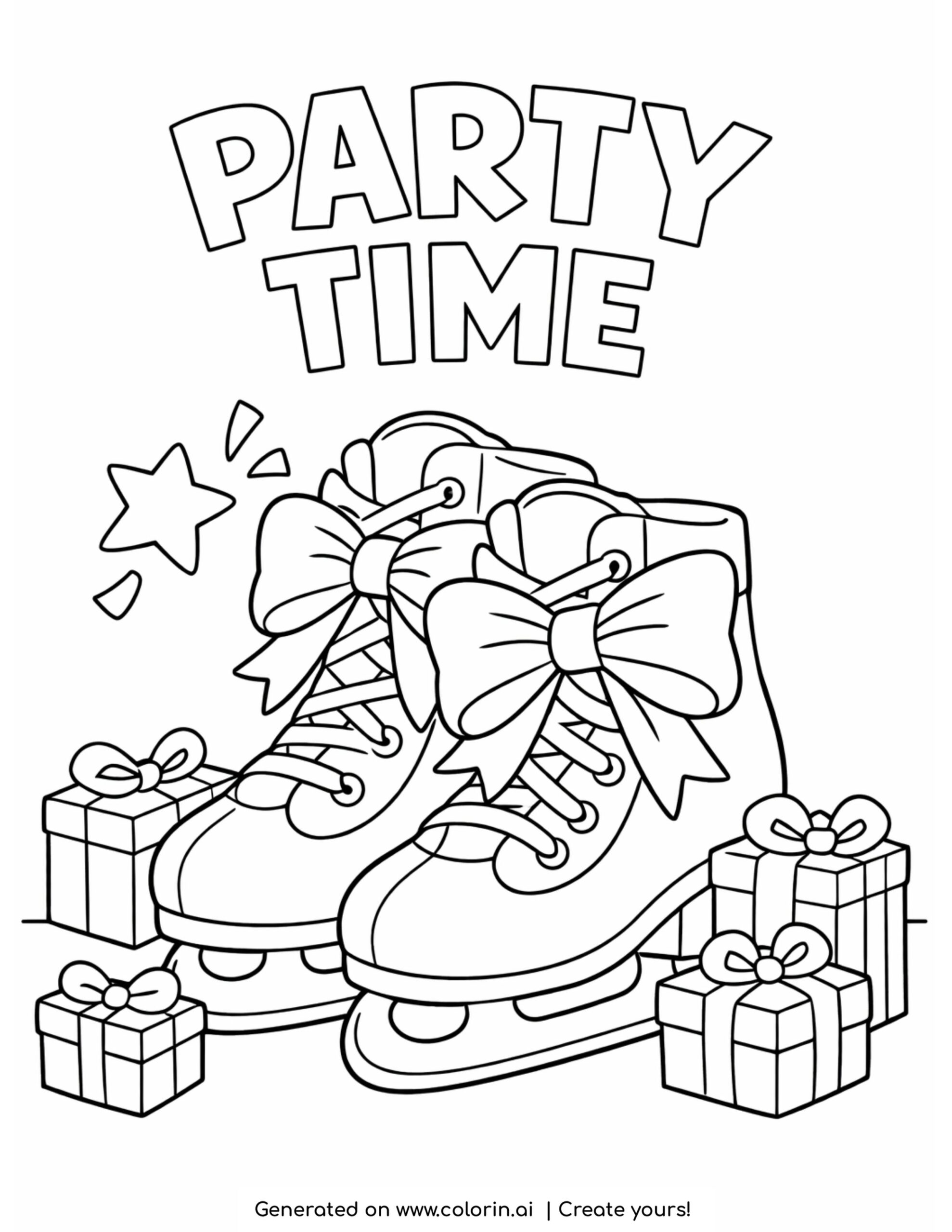 Ice skates with gifts and party time text coloring page | Printable