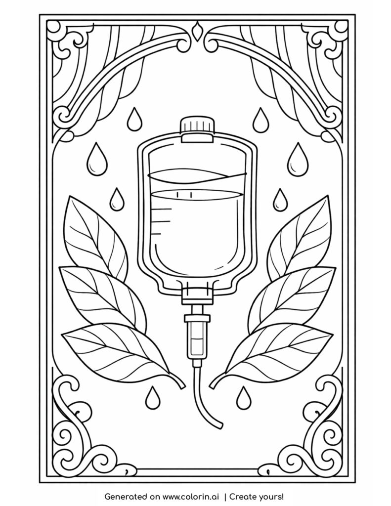 iv drip bottle with leaves and drops coloring page with decorative frame and nature elements
