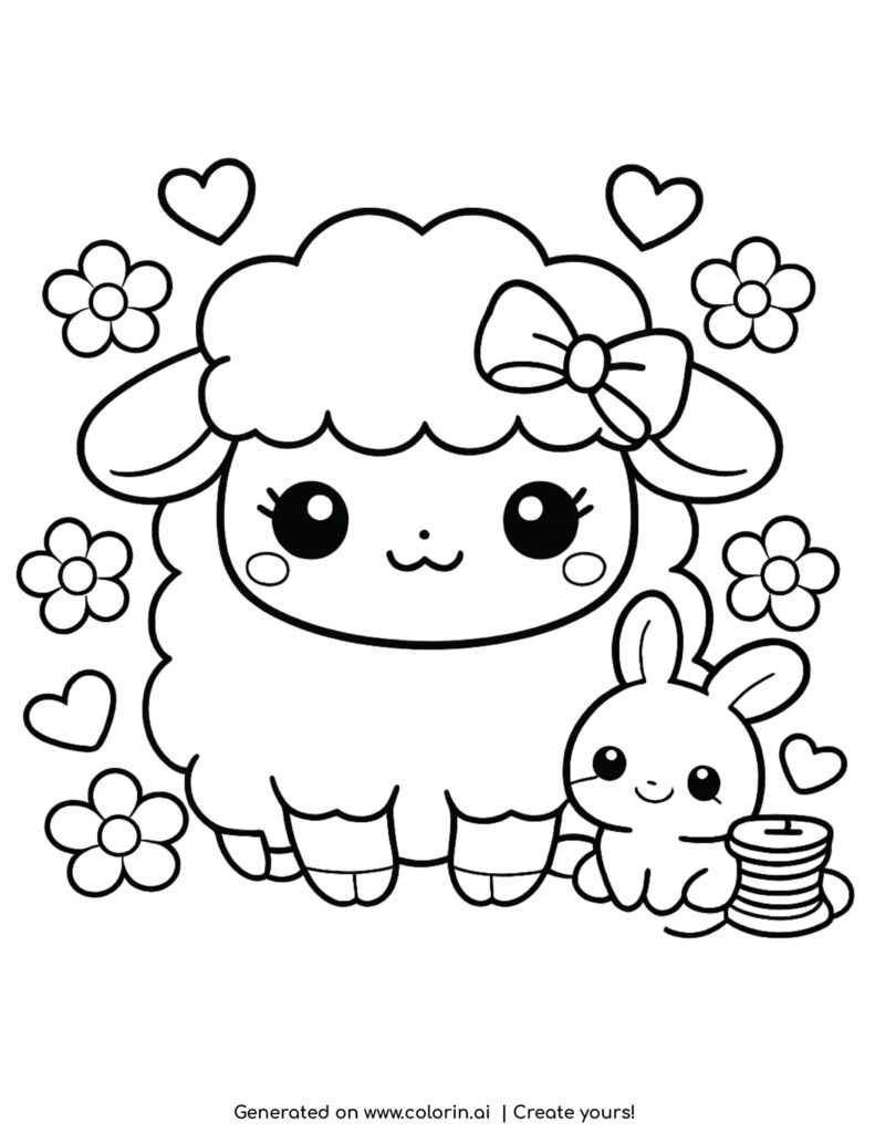 kawaii sheep with bunny and yarn coloring page with flowers and hearts