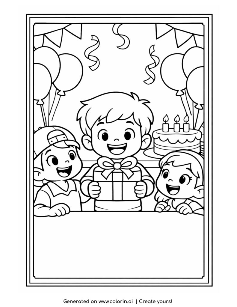 kids birthday party with cake and gift coloring page with balloons and decorations