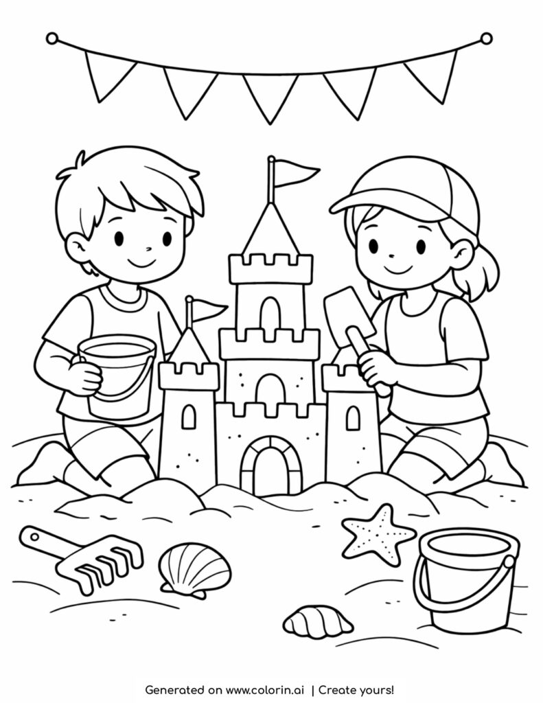 kids building sandcastle on beach coloring page with buckets tools and shells